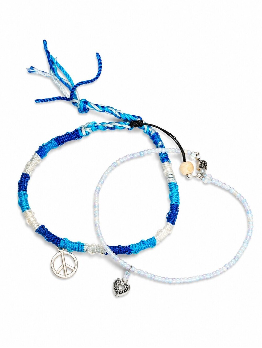 5/$25 Macrame Peace Sign Bracelet and Pastel Beaded Heart Charm Bracelet
